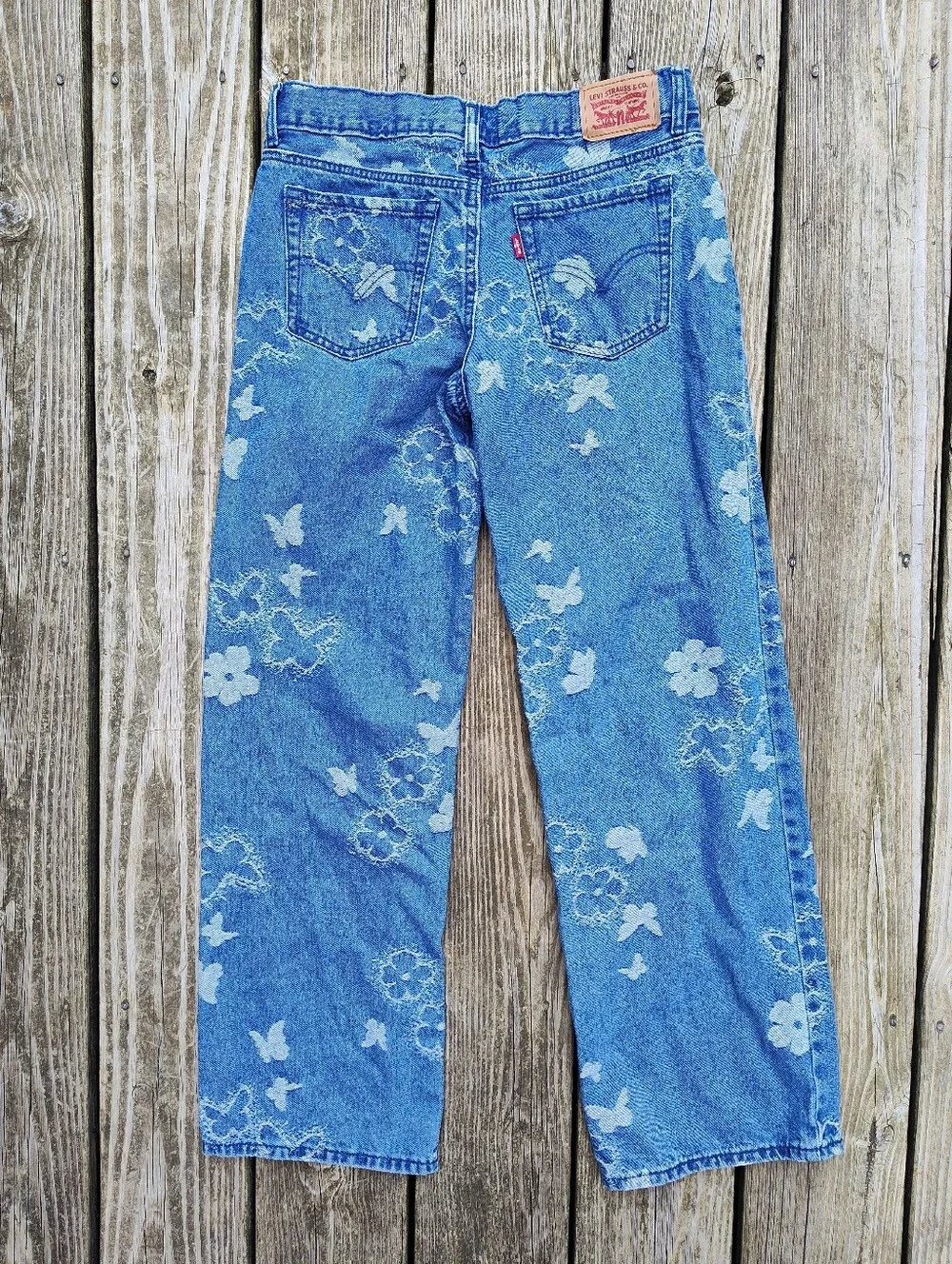 Levi's Big Girls Sz 14 Wide Leg Blue Jeans Butterfly Flower Jacquard 28